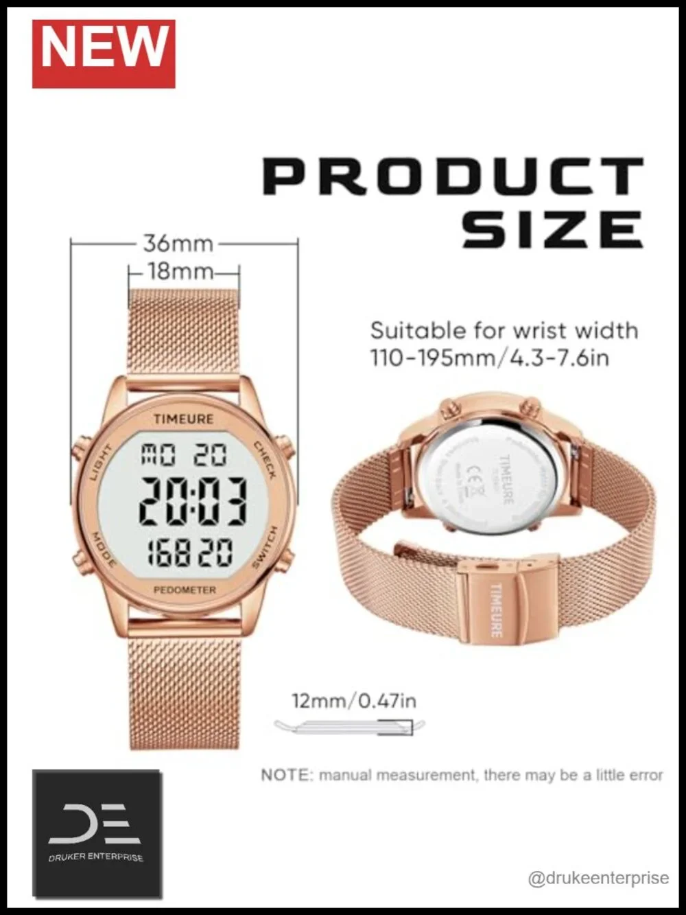 Pedometer Watch with Step, Calorie & Distance Tracking, Steel Mesh Band, No App